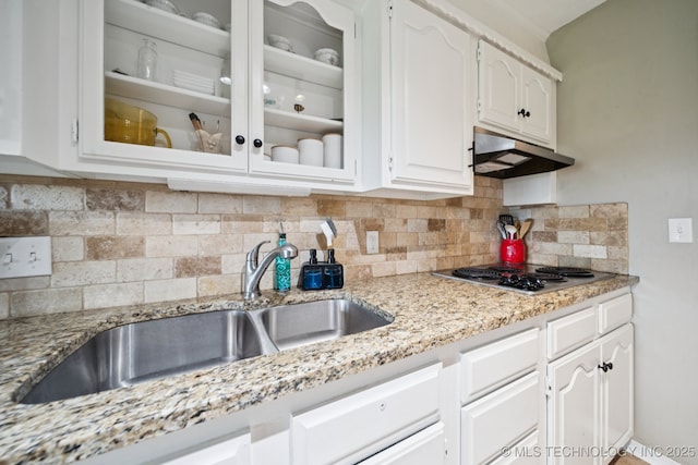 12350 E 138th St S, Broken Arrow, OK 74011 - kitchen with under cabinet range hood, a sink, white cabinets, glass insert cabinets, and tasteful backsplash