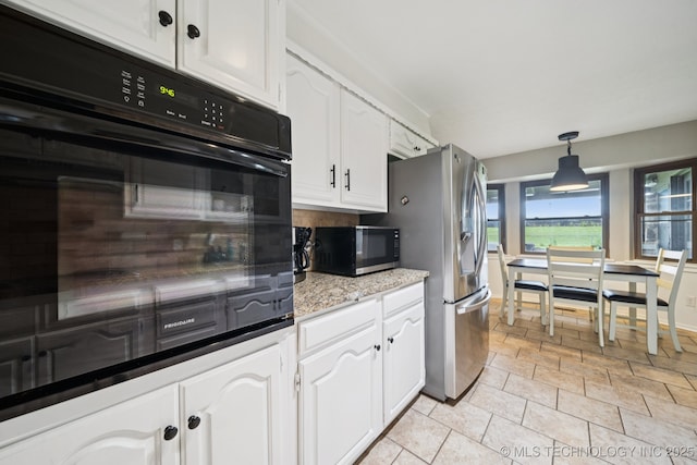 12350 E 138th St S, Broken Arrow, OK 74011 - kitchen featuring white cabinets, pendant lighting, decorative backsplash, and stainless steel refrigerator with ice dispenser