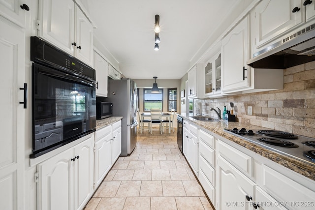 12350 E 138th St S, Broken Arrow, OK 74011 - kitchen featuring under cabinet range hood, a sink, black appliances, and white cabinetry