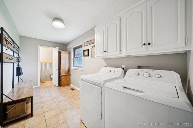 12350 E 138th St S, Broken Arrow, OK 74011 - laundry room featuring cabinet space, separate washer and dryer, baseboards, and light tile patterned floors