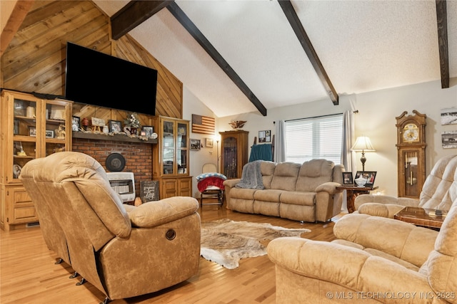 7864 S 449th Rd, Rose, OK 74364 - living room with light wood-style flooring, a brick fireplace, and wood walls