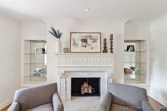 302 E 29th St, Tulsa, OK 74114 - living room featuring crown molding and a premium fireplace