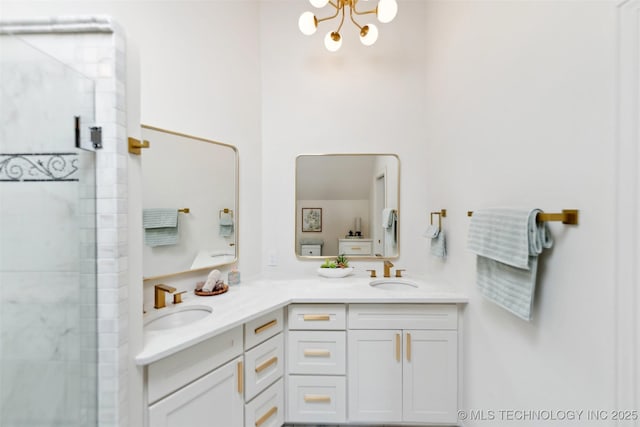 302 E 29th St, Tulsa, OK 74114 - full bathroom featuring double vanity, a shower stall, and a chandelier