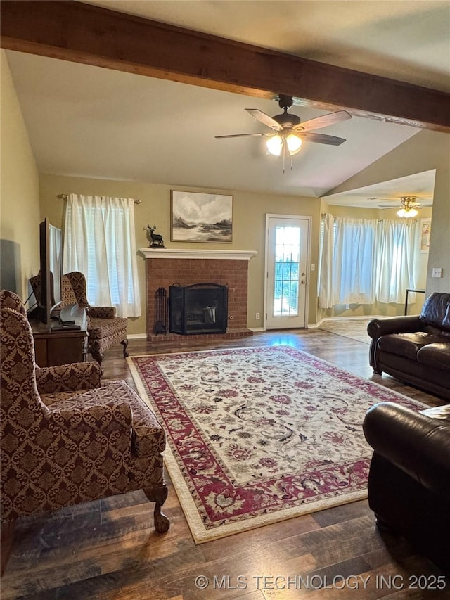 509 W Ryan St, Catoosa, OK 74015 - living area with wood finished floors, a brick fireplace, and ceiling fan