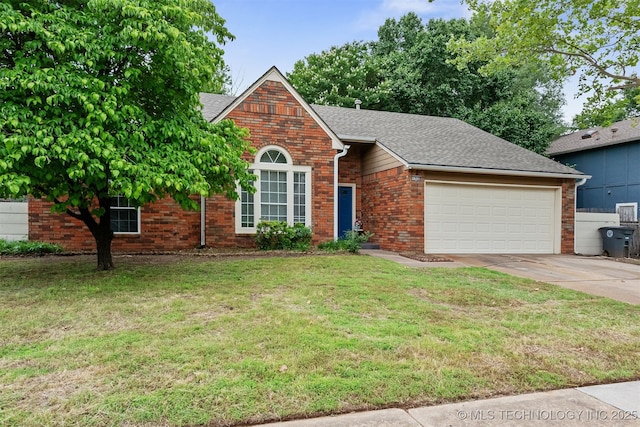4908 S Redbud Ave, Broken Arrow, OK 74011 - view of front of home featuring brick siding, an attached garage, concrete driveway, a front lawn, and a shingled roof