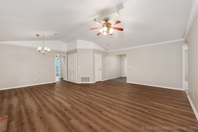 4908 S Redbud Ave, Broken Arrow, OK 74011 - unfurnished living room featuring ceiling fan, dark wood-type flooring, a chandelier, lofted ceiling, and baseboards