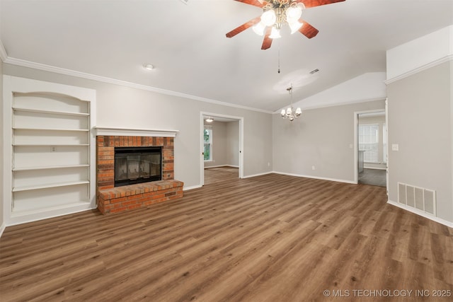 4908 S Redbud Ave, Broken Arrow, OK 74011 - unfurnished living room featuring a fireplace, ceiling fan, wood finished floors, baseboards, and crown molding