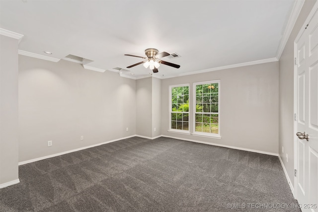 4908 S Redbud Ave, Broken Arrow, OK 74011 - empty room featuring ornamental molding, dark colored carpet, ceiling fan, and baseboards