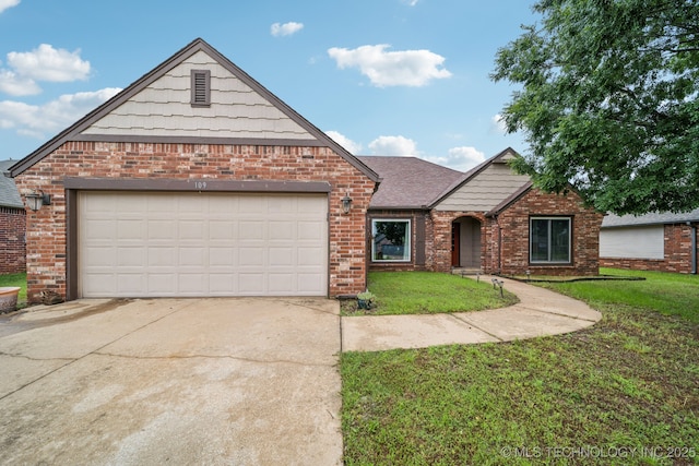 109 W 133rd Pl, Skiatook, OK 74070 - view of front of property featuring driveway, brick siding, a front lawn, a garage, and roof with shingles