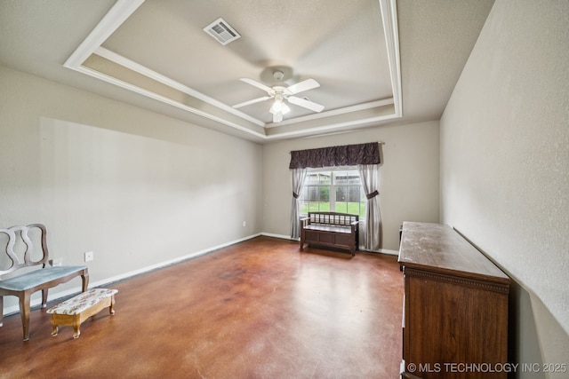 109 W 133rd Pl, Skiatook, OK 74070 - unfurnished room featuring a tray ceiling, finished concrete floors, ceiling fan, and baseboards