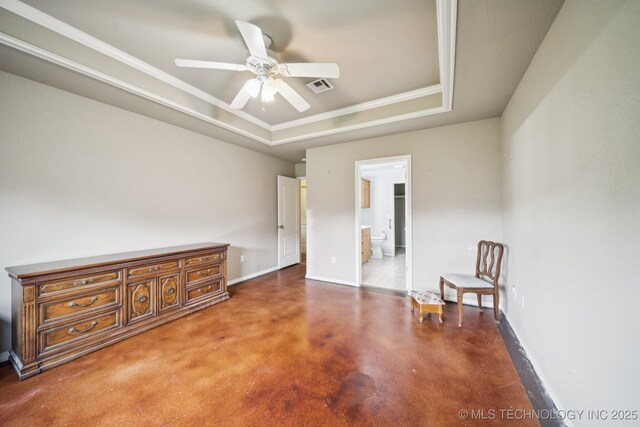 109 W 133rd Pl, Skiatook, OK 74070 - unfurnished bedroom featuring a raised ceiling, finished concrete floors, baseboards, crown molding, and connected bathroom