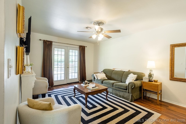 514 N Village Pl, Broken Arrow, OK 74012 - living room with wood finished floors, french doors, a ceiling fan, and baseboards