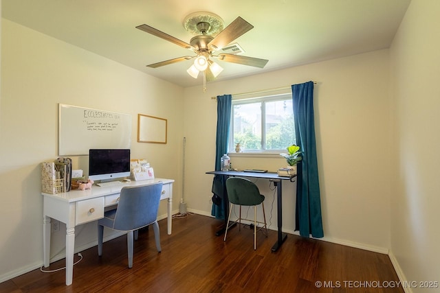 514 N Village Pl, Broken Arrow, OK 74012 - office featuring wood finished floors, a ceiling fan, and baseboards