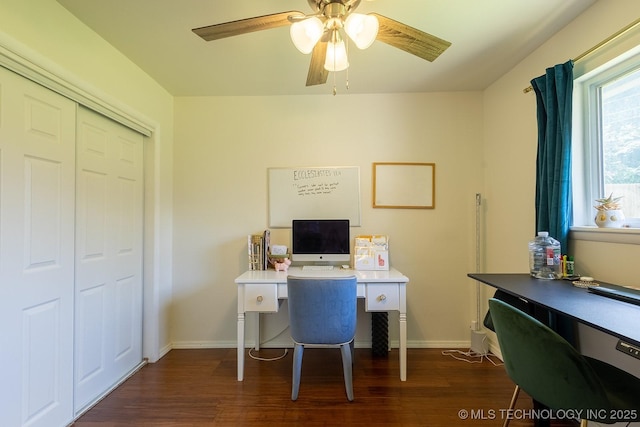 514 N Village Pl, Broken Arrow, OK 74012 - office featuring dark wood finished floors, ceiling fan, and baseboards