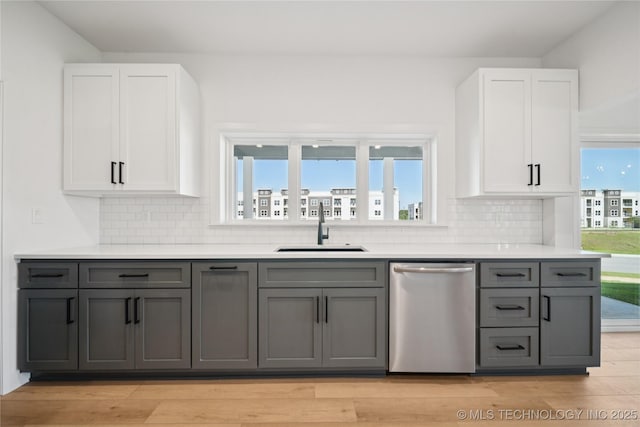 2410 W Charleston St, Broken Arrow, OK 74011 - kitchen with stainless steel dishwasher, a sink, gray cabinets, tasteful backsplash, and white cabinetry