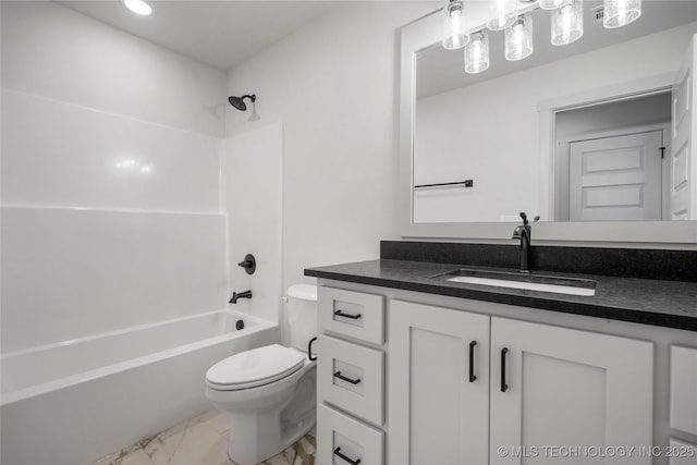 2332 E 135th Dr S, Bixby, OK 74008 - bathroom featuring vanity, toilet, shower / tub combination, marble look tiles, and recessed lighting
