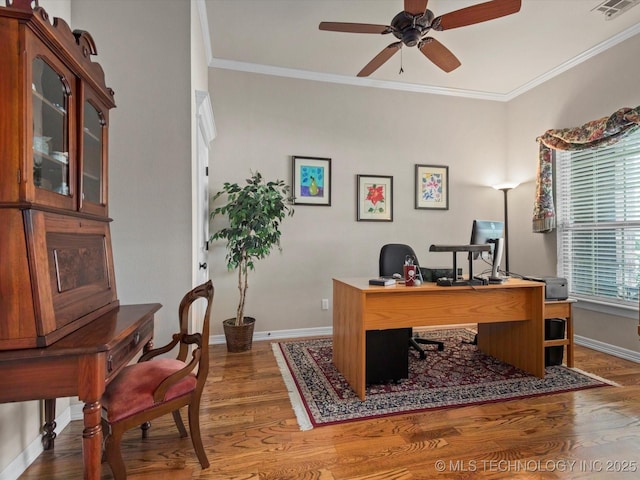 5816 Woodland Rd, Bartlesville, OK 74006 - office space with a ceiling fan, wood finished floors, and ornamental molding