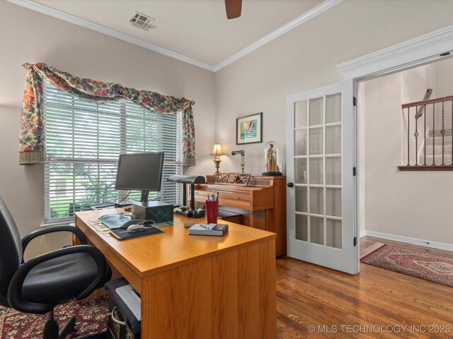 5816 Woodland Rd, Bartlesville, OK 74006 - office area featuring wood finished floors, crown molding, and ceiling fan