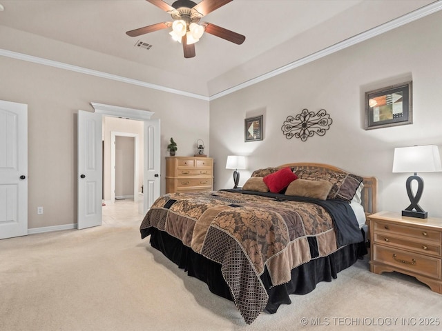 5816 Woodland Rd, Bartlesville, OK 74006 - bedroom with light colored carpet, crown molding, and a ceiling fan