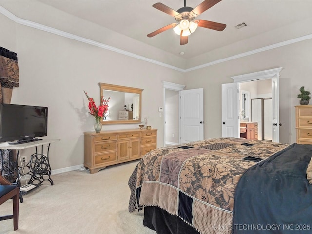 5816 Woodland Rd, Bartlesville, OK 74006 - bedroom with light colored carpet, ornamental molding, ensuite bath, and a ceiling fan