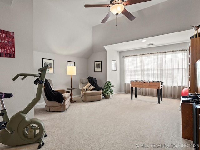 5816 Woodland Rd, Bartlesville, OK 74006 - recreation room with carpet flooring, lofted ceiling, and a ceiling fan