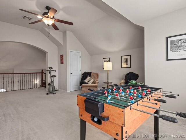 5816 Woodland Rd, Bartlesville, OK 74006 - rec room with carpet floors, ceiling fan, and lofted ceiling