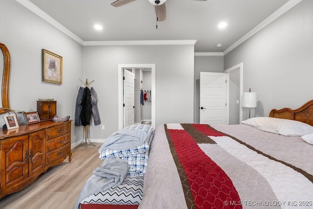 40 Wilson Pkwy, Durant, OK 74701 - bedroom with light wood-style flooring, ornamental molding, recessed lighting, baseboards, and a ceiling fan