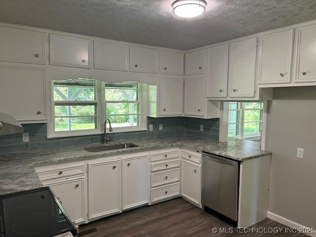 111 E 13th Pl, Claremore, OK 74017 - kitchen with dishwasher, a sink, white cabinets, light stone countertops, and a textured ceiling