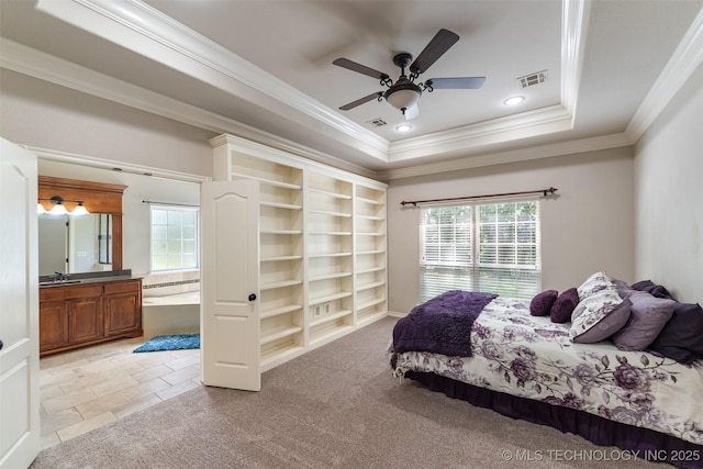 18932 Spring Creek Ln, Claremore, OK 74017 - bedroom featuring multiple windows, ornamental molding, a raised ceiling, recessed lighting, and a ceiling fan