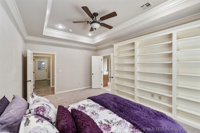 18932 Spring Creek Ln, Claremore, OK 74017 - bedroom featuring carpet flooring, ornamental molding, recessed lighting, a tray ceiling, and baseboards