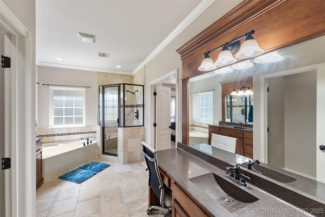 18932 Spring Creek Ln, Claremore, OK 74017 - full bath with a garden tub, vanity, a stall shower, ornamental molding, and tile patterned flooring