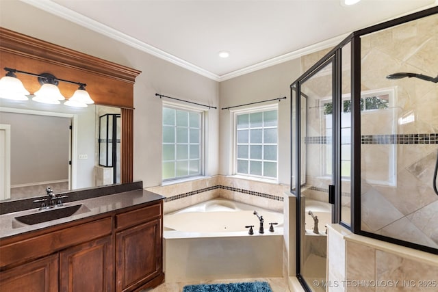 18932 Spring Creek Ln, Claremore, OK 74017 - bathroom with a whirlpool tub, vanity, a stall shower, crown molding, and recessed lighting