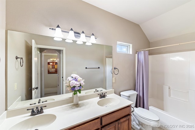 18932 Spring Creek Ln, Claremore, OK 74017 - bathroom featuring double vanity, toilet, shower / bath combo with shower curtain, and lofted ceiling