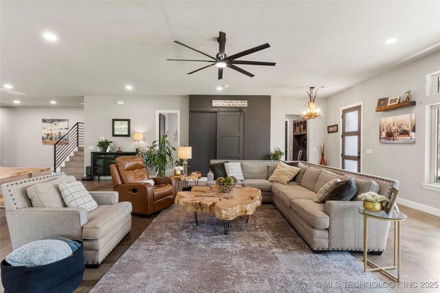 8562 Adams Creek Rd, Beggs, OK 74421 - living room featuring recessed lighting, ceiling fan, stairway, and baseboards