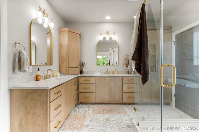 8562 Adams Creek Rd, Beggs, OK 74421 - bathroom with double vanity, a stall shower, and recessed lighting