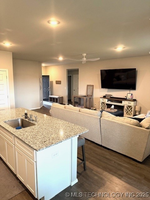 8714 E 163rd St S, Bixby, OK 74008 - kitchen featuring a sink, white cabinets, open floor plan, dark wood finished floors, and a center island with sink