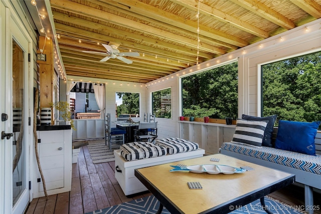168 Murray Ln, Strang, OK 74367 - wooden terrace with outdoor dining area and ceiling fan
