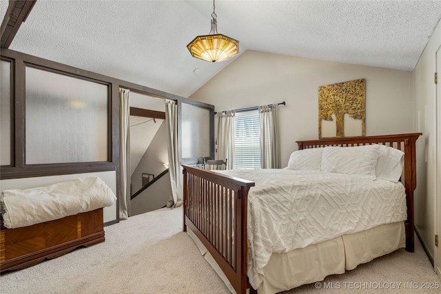 168 Murray Ln, Strang, OK 74367 - bedroom featuring light carpet, lofted ceiling, and a textured ceiling