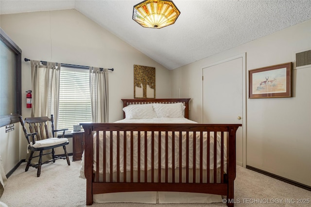 168 Murray Ln, Strang, OK 74367 - bedroom featuring carpet flooring, vaulted ceiling, baseboards, and a textured ceiling