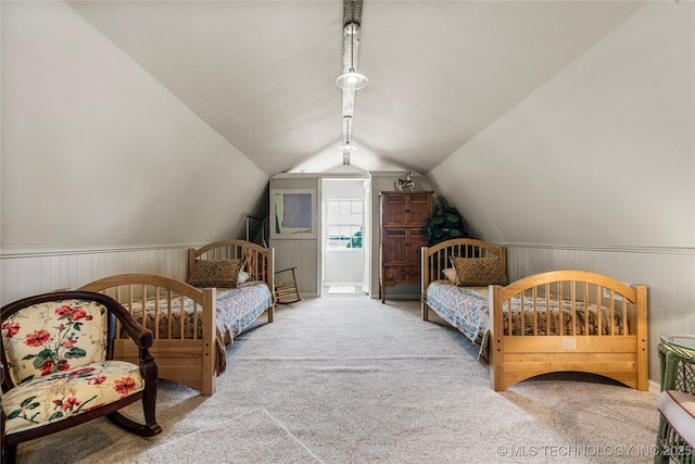168 Murray Ln, Strang, OK 74367 - carpeted bedroom featuring lofted ceiling, wainscoting, and wooden walls