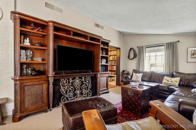 168 Murray Ln, Strang, OK 74367 - carpeted living room featuring a textured ceiling and vaulted ceiling