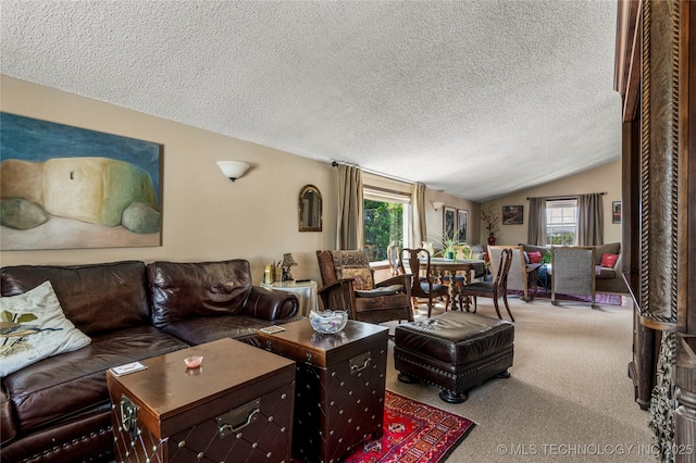 168 Murray Ln, Strang, OK 74367 - carpeted living area with a textured ceiling and vaulted ceiling