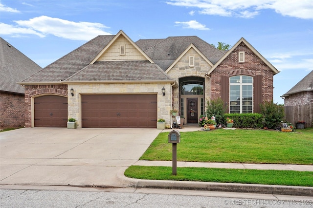 3501 W Gary St S, Broken Arrow, OK 74012 - french country style house with a garage, driveway, stone siding, and a shingled roof