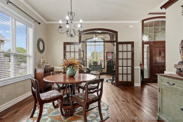 3501 W Gary St S, Broken Arrow, OK 74012 - dining room featuring ceiling fan, plenty of natural light, wood finished floors, and ornamental molding