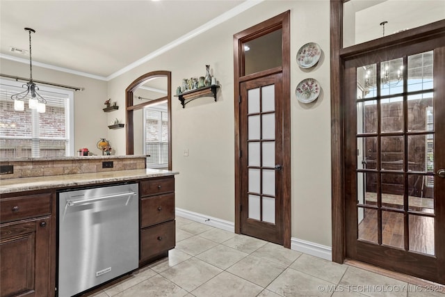 3501 W Gary St S, Broken Arrow, OK 74012 - kitchen featuring stainless steel dishwasher, dark brown cabinetry, ornamental molding, light tile patterned floors, and pendant lighting