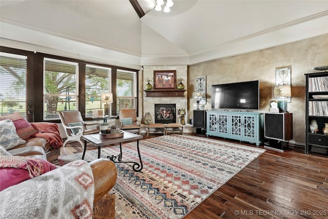 3501 W Gary St S, Broken Arrow, OK 74012 - living area with hardwood / wood-style flooring, high vaulted ceiling, a stone fireplace, and ceiling fan