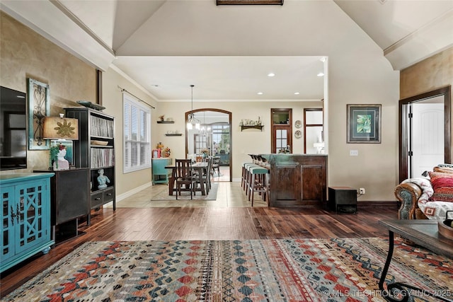 3501 W Gary St S, Broken Arrow, OK 74012 - living area with hardwood / wood-style floors, a chandelier, ornamental molding, recessed lighting, and high vaulted ceiling