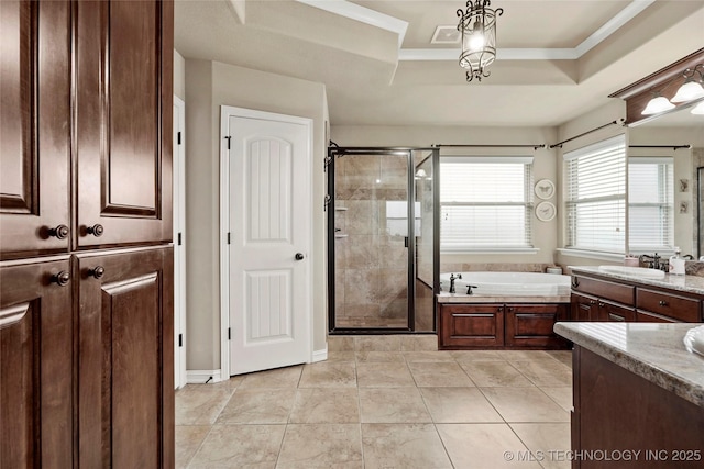 3501 W Gary St S, Broken Arrow, OK 74012 - full bathroom with a bath, a shower stall, a raised ceiling, vanity, and tile patterned floors