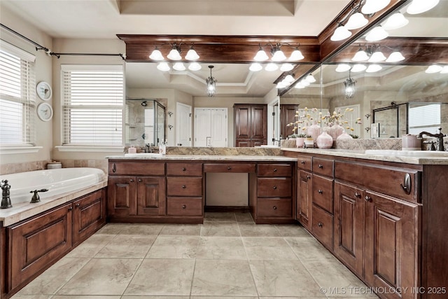 3501 W Gary St S, Broken Arrow, OK 74012 - bathroom with a raised ceiling, a stall shower, vanity, a garden tub, and crown molding