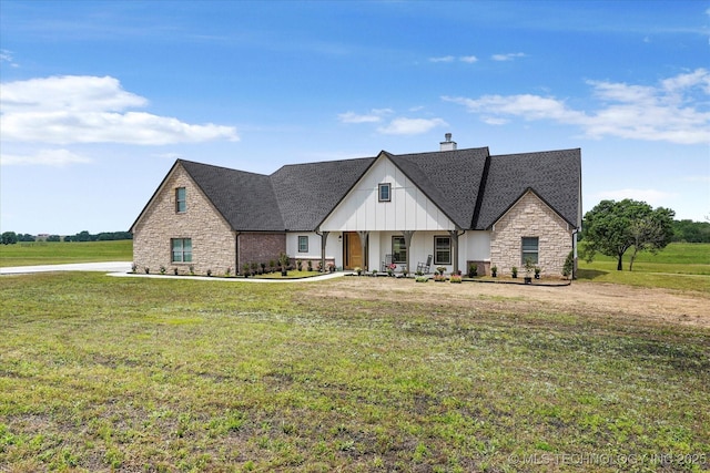 30185 N 3994th Dr, Ramona, OK 74061 - view of front of property with stone siding, a front yard, a chimney, and board and batten siding